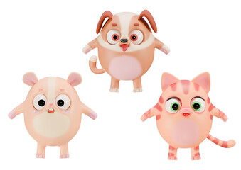 Cute casual animals: round cat, dog, and mouse characters with big eyes