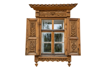 Handcrafted Wooden Window with Artistic Carvings on Light Backdrop.