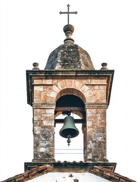 A historic bell tower with a prominent cross on top, often used for architectural or cultural stock photos