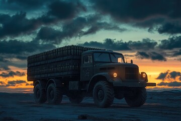 Fototapeta premium A large truck drives along a dirt road