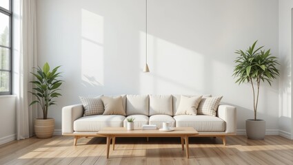 Fototapeta premium Spacious Living Room Featuring Cozy Sofa and Stylish Plants Bathed in Natural Light
