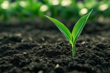 Fototapeta premium Young green sprout growing in dark soil.