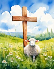 A wooden cross in a green grassy meadow next to a fluffy white lamb with blue skies in the background, watercolor painting illustration for happy Easter celebration 