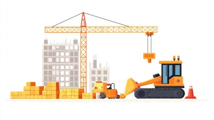 Construction site with crane and excavator