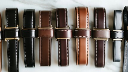 A set of polished leather belts in neutral tones arranged on a marble background.