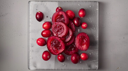Whole and sliced cranberry clusters on neutral surface, fresh red berry detail for holiday or nutrition themes