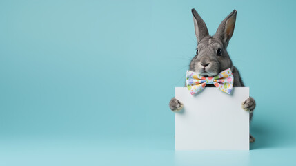 Obraz premium easter bunny with a blank white paper on a blue background, easter concept mockup, copy space