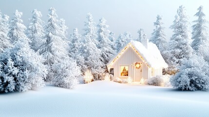 Fototapeta premium An enchanting winter landscape featuring a quaint cottage illuminated by warm lights, surrounded by snow-covered trees and holiday decorations. The serene atmosphere evokes feelings of peace and joy,
