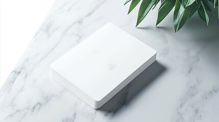 A polished business card mockup arranged artfully on a sleek marble surface, with a subtle plant adding depth to the composition.