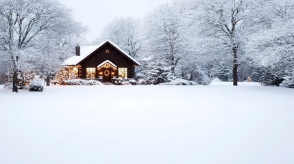 An enchanting winter landscape featuring a quaint cottage illuminated by warm lights, surrounded by snow-covered trees and holiday decorations. The serene atmosphere evokes feelings of peace and joy,