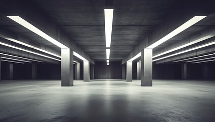 The basement room on the bottom floor of the building's parking lot is empty in an industrial cast concrete style. Abstract modern minimal background