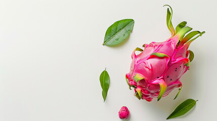 Whole dragonfruit with curling leaf tips on neutral background, exotic tropical fruit concept