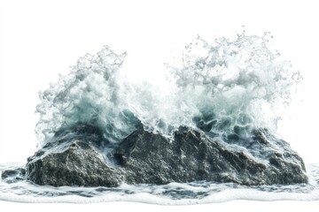 Obraz premium A powerful wave crashes over a rock on a rugged coastline, suitable for use in scenes depicting nature's fury or coastal scenery