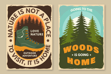 Set of hiking poster design with inspirational adventure quotes. Flyer, poster, banner with pin forest, hiking boot, pin forest. Outdoor adventure. Vector illustration.