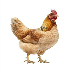 A chicken with a red beak stands on a white background