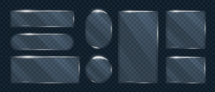 Glass transparent geometric shape frames shining glare set, Glass overlay texture square and oval panels, Plastic samples glass mirror, Vector illustration.