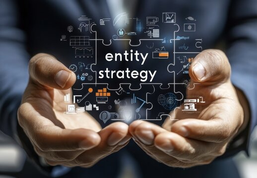 Businessperson holding a holographic puzzle piece displaying "Entity Strategy".
