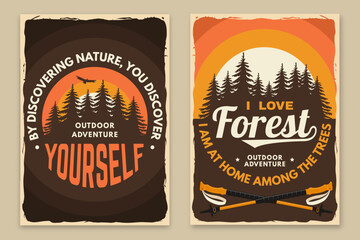 Set of hiking poster design with inspirational adventure quotes. Flyer, poster, banner with pin forest, hiking poles. Outdoor adventure. Vector illustration.