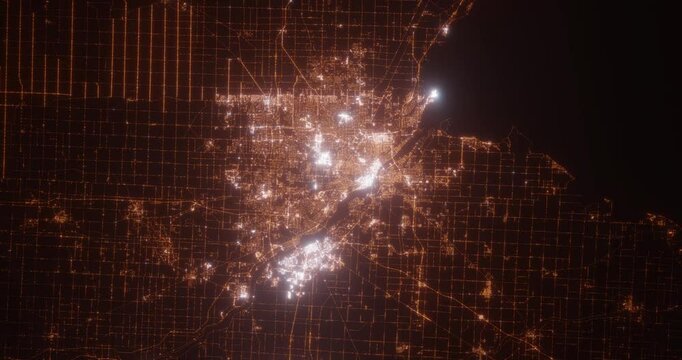 Toledo (Ohio, USA) aerial view at night. Top view on city from space. Camera is zooming in, rotating clockwise