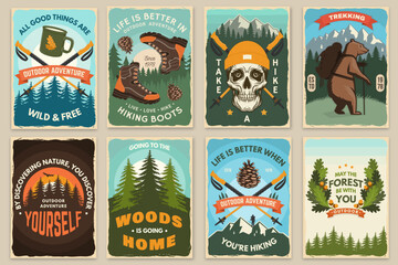 Set of hiking outdoor adventure flyer, poster, banner with hiker bear with backpack, mountain, hiking poles and pine cone. Vector.