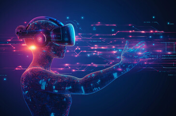 Person Wearing VR Glasses Interacting with Virtual Elements in Futuristic Digital Space