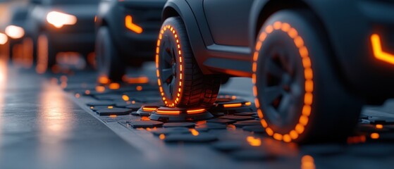 Futuristic dark SUV driving on a technologically advanced road illuminated by orange lights with other vehicles enhancing the modern cityscape aesthetic