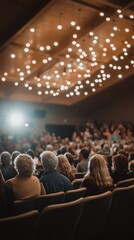 Audience captivated by a speaker under bright lights in theater