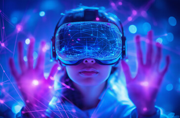 Person Wearing VR Glasses Interacting with Virtual Elements in Futuristic Digital Space