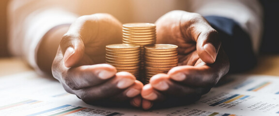 Close-up of dark hands carefully holding stacks of golden coins, suggesting financial security and wealth management.  Showcase of prosperity and saving