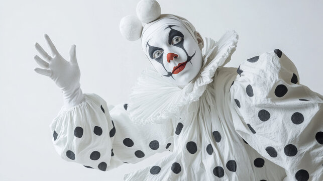 A clown with white face paint and a white outfit with black polka dots