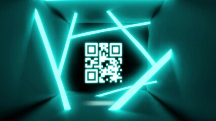 In futuristic tunnel, glowing QR code surrounded by neon blue light beams - Powered by Adobe