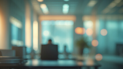 Fototapeta premium A modern, blurred office interior with soft bokeh lighting. A professional and minimalistic business environment ideal for corporate and productivity-related visuals