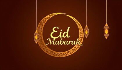A festive design featuring a golden crescent moon with intricate patterns, hanging lanterns, and ornate calligraphy that reads "Eid Mubarak" on a rich brown background, embellished with small stars.