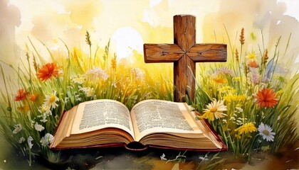 A wooden cross next to an open bible in a field of spring wildflowers and grass with rays of sun light shining down, watercolor painting illustration