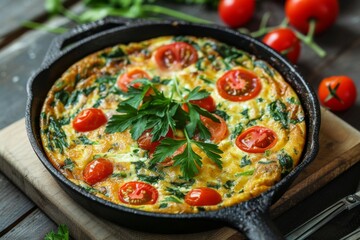 A fresh herb and spinach frittata served in a cast iron skillet, garnished with cherry tomatoes and parsley