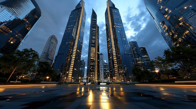 credit card terminal in a glass skyscraper background, person calculating returns with a virtual calculator, intense and focused mood