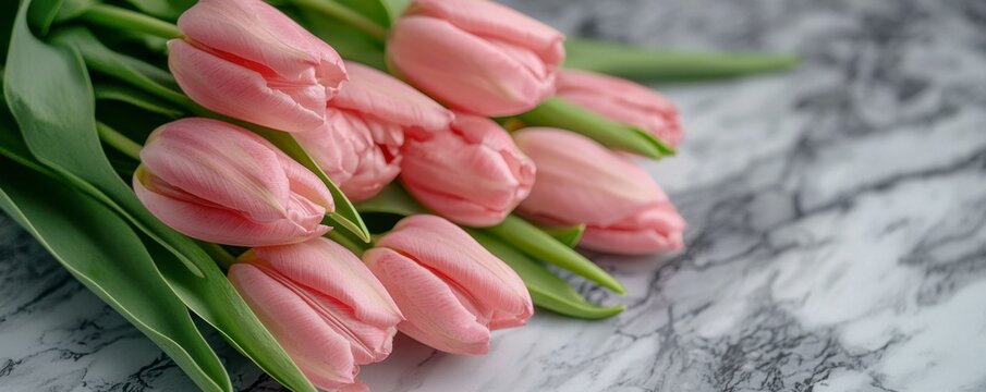 A delightful arrangement showcases soft pink tulips, their delicate petals artfully arranged in a triangular layout The composition is clean, modern, and visually appealing, inviting the viewer to