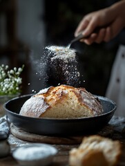 A person sprinkles salt on a freshly baked loaf of bread, preparing it for consumption or display