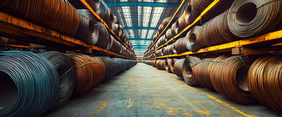 Industrial Warehouse Storage With Colorful Rolled Products