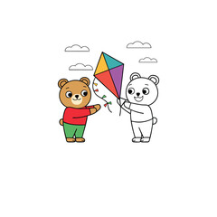 Teddy bear with balloons on a happy birthday card, cute and fun illustration for kids celebration