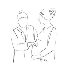 One continuous line art drawing flat illustration doctor, patient, pregnant, hospital, person, care, woman, mother, examining, abdomen. Isolated image hand draw outline on white background