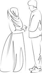 One continuous line art drawing flat illustration person, islam, bride, wedding, woman, man, husband, wife, romance. Isolated image hand draw outline on white background