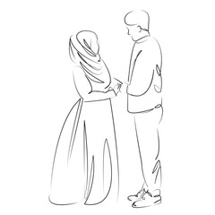One continuous line art drawing flat illustration person, islam, bride, wedding, woman, man, husband, wife, romance. Isolated image hand draw outline on white background