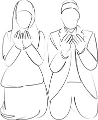 One continuous line art drawing flat illustration husband, wife, religion, islam, female, man, koran, muslim, male. Isolated image hand draw outline on white background
