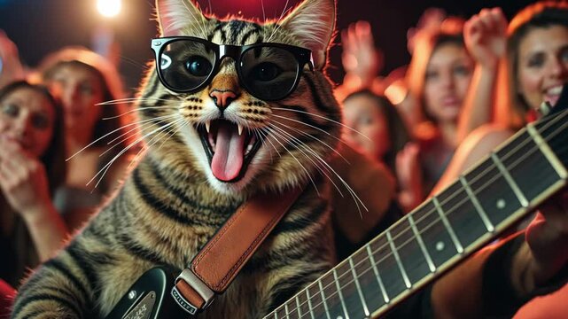 Cool cat wearing glasses plays guitar on stage at lively concert surrounded by excited crowd enjoying the music and atmosphere