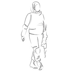 One continuous line art drawing flat illustration woman, muslim, warrior, military, soldier, female, army, islam, protection, security. Isolated image hand draw outline on white background