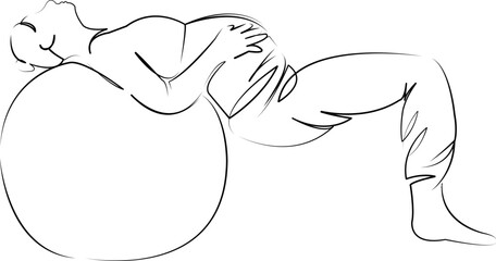 One continuous line art drawing flat illustration woman, pregnant, mother, lifestyle, exercising, sport, adult, indoor, ball. Isolated image hand draw outline on white background