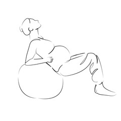 One continuous line art drawing flat illustration pregnant, mother, lifestyle, sport, adult, indoor, ball, female, training. Isolated image hand draw outline on white background