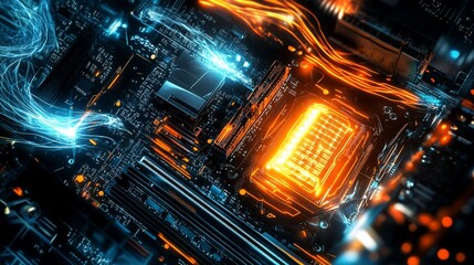 Obraz premium Glowing Motherboard: A Digital Core's Energetic Heart