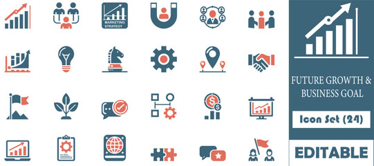 This 24-icon set represents future growth and business goals with a sleek blue-orange theme. Ideal for presentations, websites, and apps, it's fully editable and high-resolution.